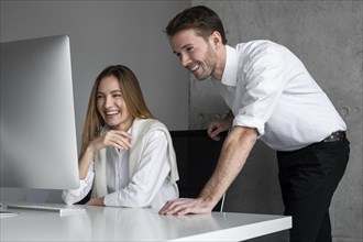 Smiling businesspeople using computer