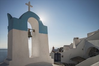 Blue and white bell tower in Santorini, Greece