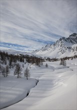 Snow covered mountainous landscape in Alpe Devero, Italy