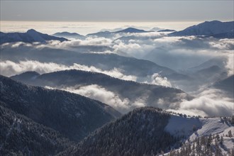Fog over forest covered mountains in Piedmont, Italy