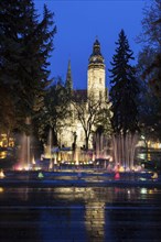 Fountain by St. Elisabeth Cathedral at night in Kosice