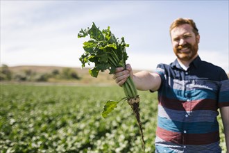 Smiling man holding vegetable crop in field