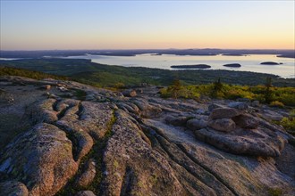 Granite rock formations at sunrise in Acadia National Park
