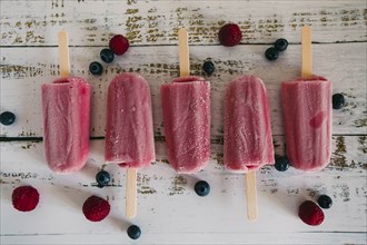 Row of berry ice pops with berries