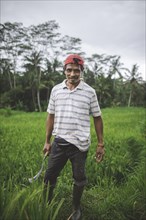Farm worker holding scythe in field in Bali