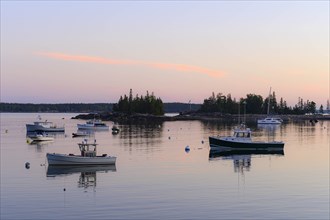 Boats at sunset in Seal Harbor, Mount Desert Island, USA
