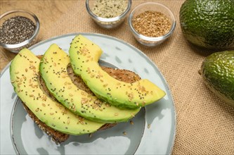 Sliced avocado on toast with seeds