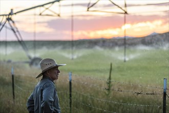 Farmer by irrigation at sunset in Picabo, Idaho, USA