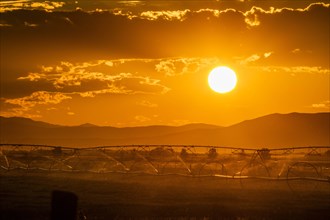 Irrigation in field at sunset in Picabo, Idaho, USA