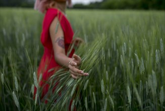 Woman wearing red dress in wheat field