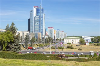 Park by modern office buildings in Minsk, Belarus