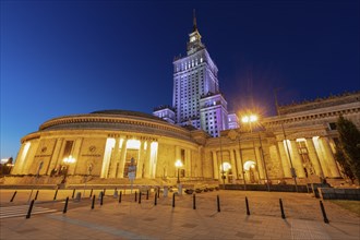 Palace of Culture and Science behind Congress Hall in Warsaw, Masovia, Poland