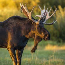 Bull moose in field in Picabo, Idaho, USA