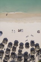 Aerial view of umbrellas on beach in Aruba, Caribbean