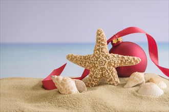 Red bauble, starfish and shells on sand