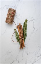 Cinnamon and pine fronds tied with string