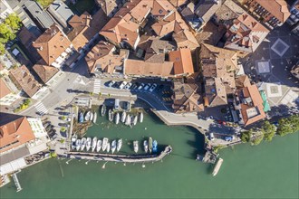 Aerial view of buildings and marina on Lake Como in Lombardy, Italy