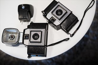 Antique cameras on table