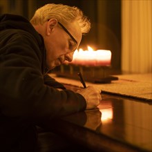 Senior man writing letter by candlelight