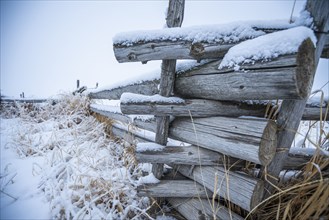 Wooden fence with snow on farm in winter