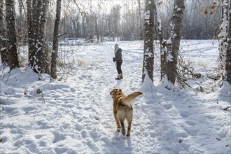 Senior woman walking with dog through snow