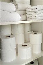 White towels and toilet paper on shelves