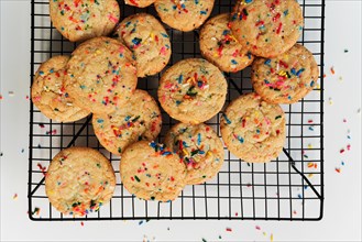 Homemade cookies with colorful sprinkle on baking rack