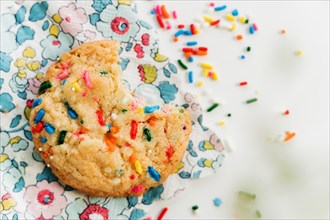 Homemade cookie with colorful sprinkle on floral napkin