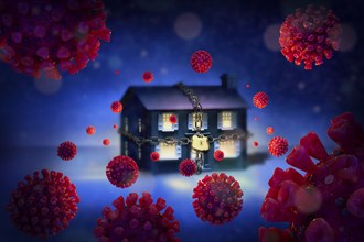 Digitally generated image of chained up house surrounded with Coronaviruses