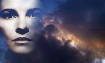 Double exposure of woman and overcast sky