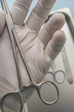 Person wearing latex glove holding forceps