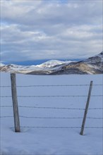 Barbed wire fence in snow with mountains in distance