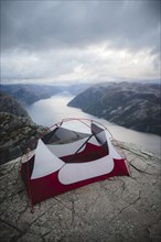 Tent on Preikestolen cliff in Rogaland, Norway