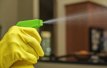 Close-up of gloved hand spraying disinfectant