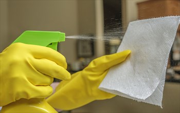 Close-up of gloved hand spraying disinfectant onto cleaning pad