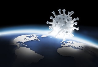 Digital image of model of Coronavirus floating over planet Earth