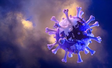 Model of globe in shape of Coronavirus floating against clouds
