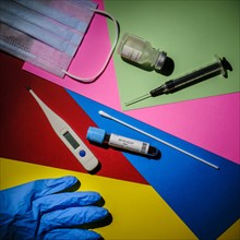 Colorful graphic layout of medical items