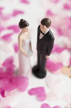 Bride and Groom cake toppers among heart shape confetti