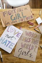 Women's march protest signs on table