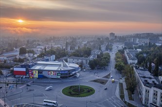 Moldova, Chisinau, Aerial view of cityscape at sunset
