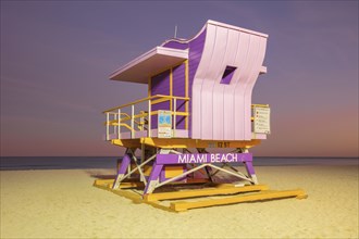 USA, Florida, Miami, Lifeguard hut on beach at dusk