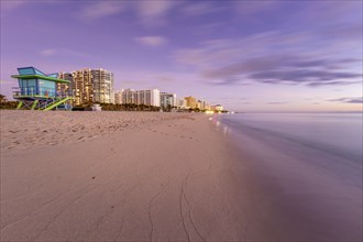 USA, Florida, Miami, Lifeguard hut and hotels on beach