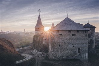 Ukraine, Oblast, Kamianets Podilskyi, Old castle in sunlight