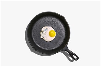 Overhead view of fried egg on frying pan on white background
