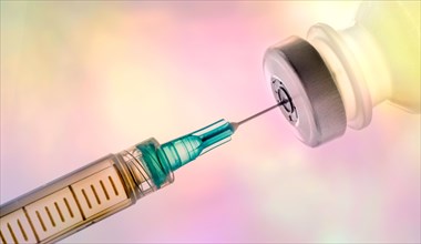 Vaccine and syringe on colorful background