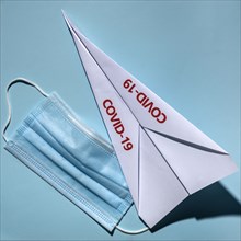 Studio shot of paper plane with Covid-19 sign and surgical mask