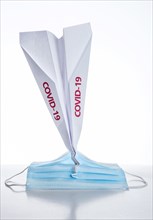 Studio shot of paper plane with Covid-19 sign and surgical mask
