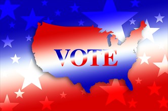 Digitally generated image of shape of USA map and vote sign