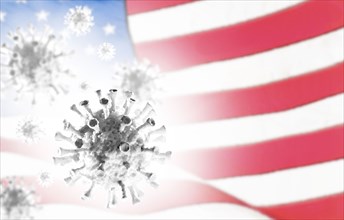 Digitally generated Coronavirus model with American flag in background